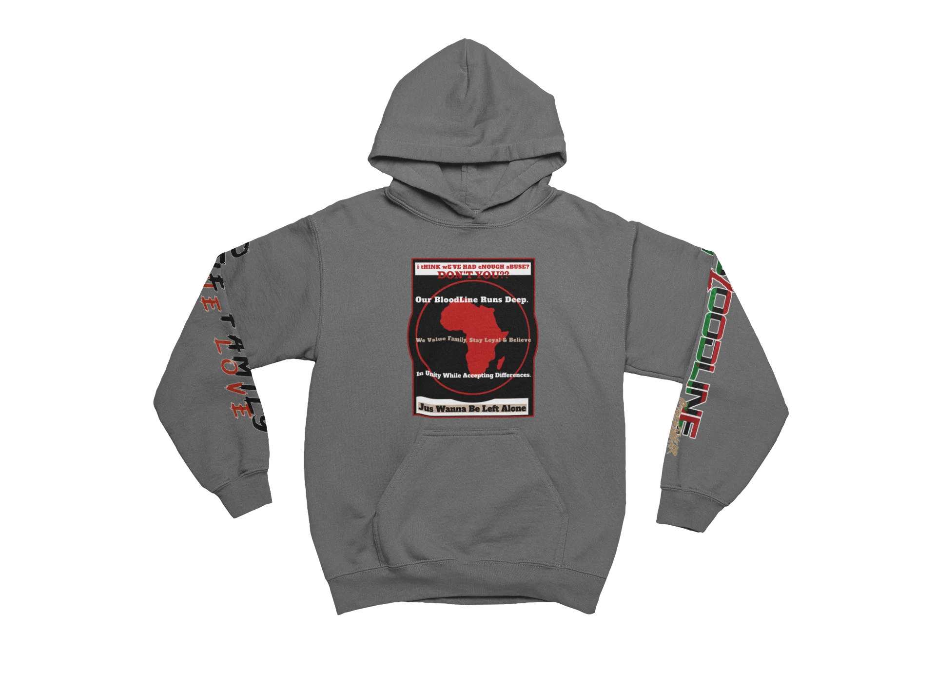 charcoal hoodie with graphic design on a white background